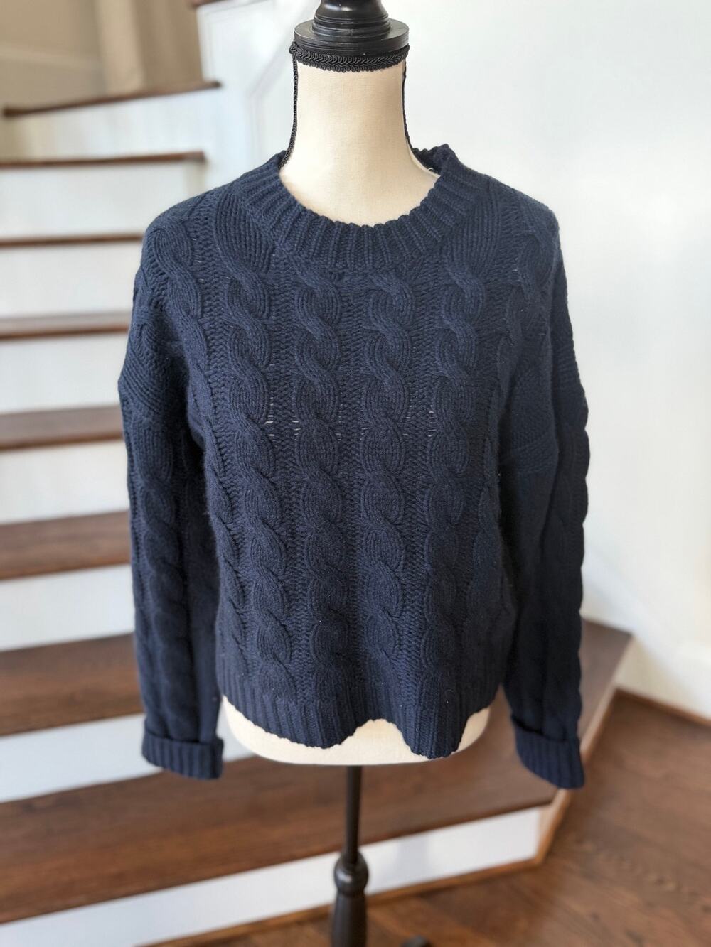 Sablyn Dark Navy Cableknit Crewneck Long Sleeve Cashmere Sweater
